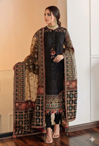 Woman wearing a traditional outfit with a patterned dupatta in an indoor setting