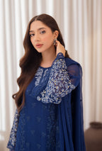 Woman wearing a blue embroidered dress with sheer sleeves against a neutral background