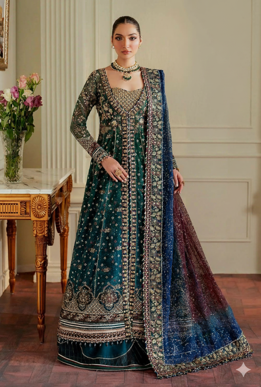 Woman in a traditional embroidered outfit with a blue dupatta in an elegant room.