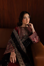 Woman in traditional embroidered outfit sitting on a brown couch against a dark background