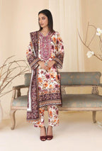 Woman wearing a floral dress with a patterned background