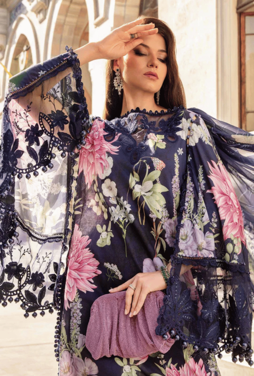 Woman wearing a floral dress with intricate detailing in an elegant setting