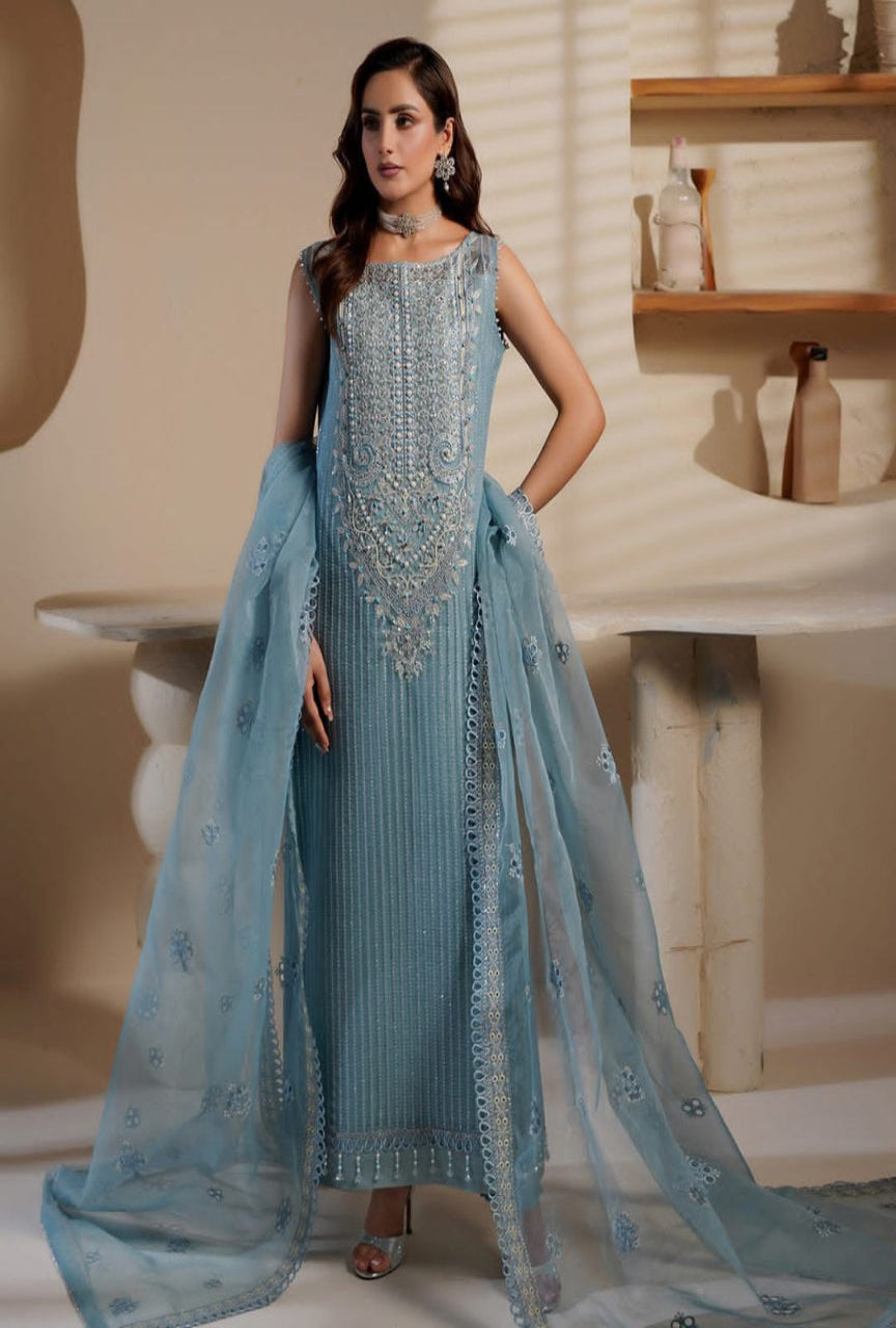 Woman wearing a light blue embroidered dress with a sheer dupatta in an indoor setting.