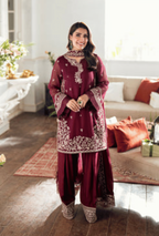 Woman in a maroon traditional outfit standing in a living room.