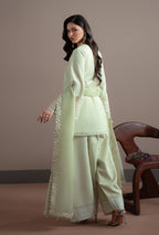 Woman wearing a light green traditional outfit with lace details in a room.