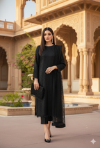 Woman in a black dress standing in front of an architectural structure with columns and arches.