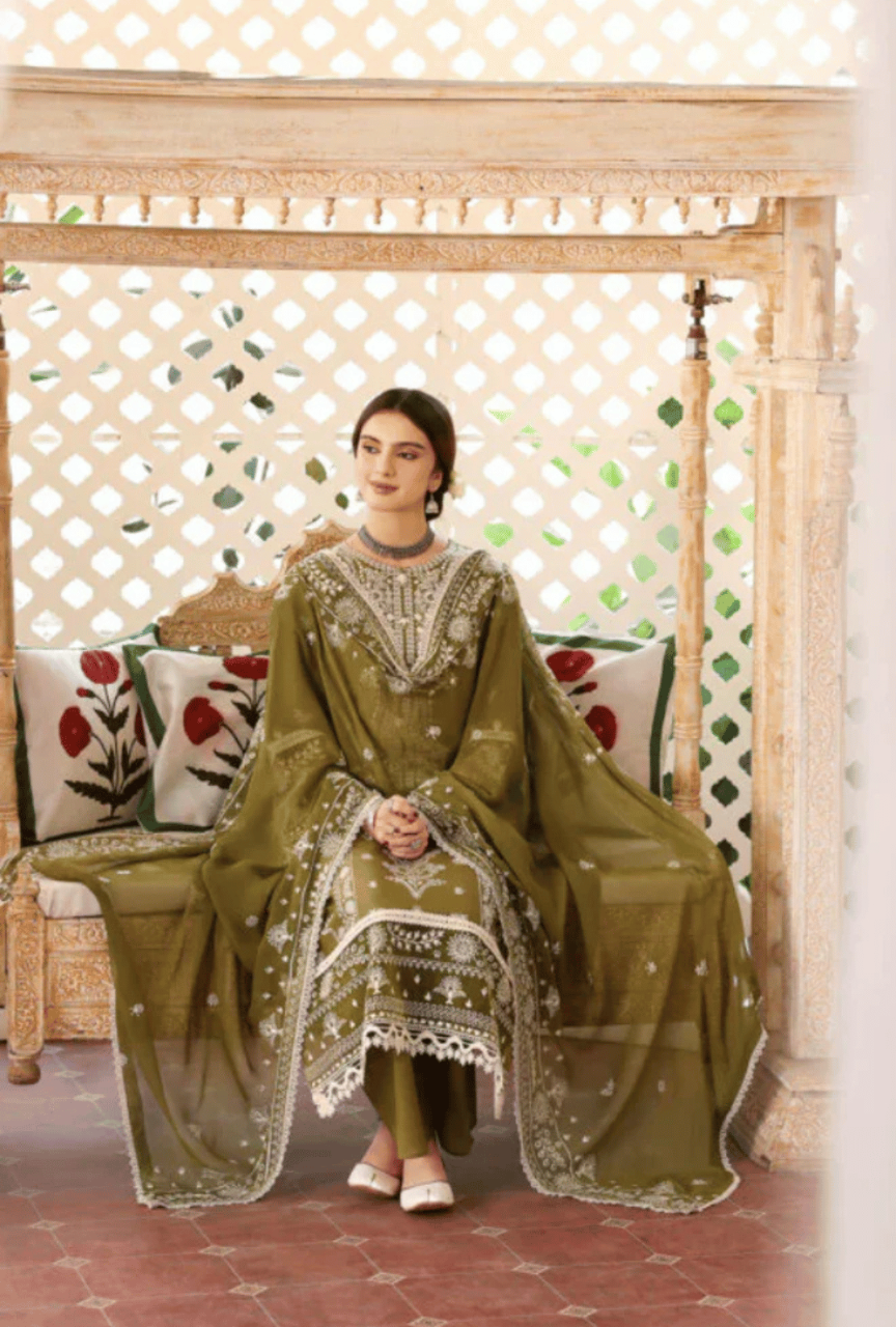 Unstitched 3 Piece Fully Embroidered Dhanak Suit with Embroidered Dhanak Shawl