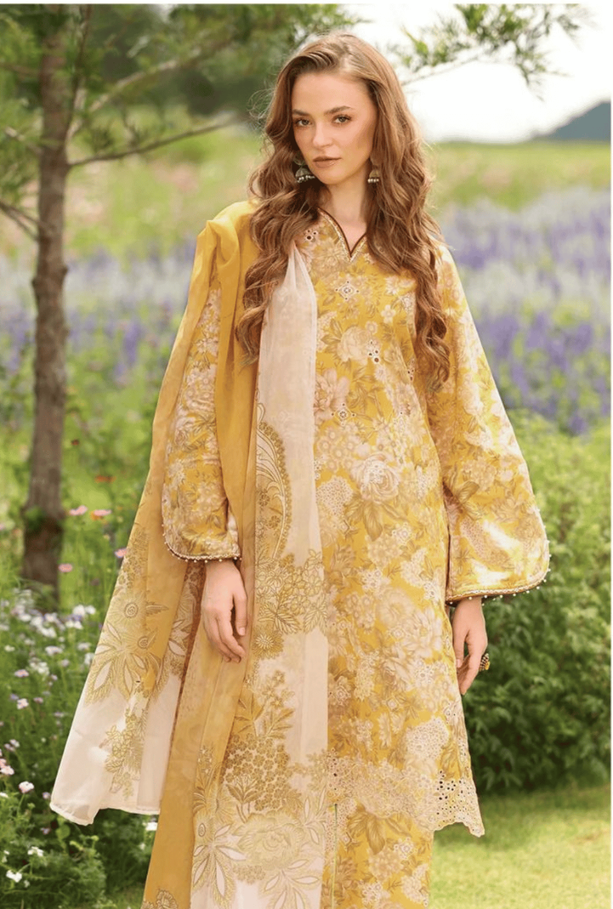 Digital Printed Linen 3-Piece Unstitched Suit with Embroidered Patches