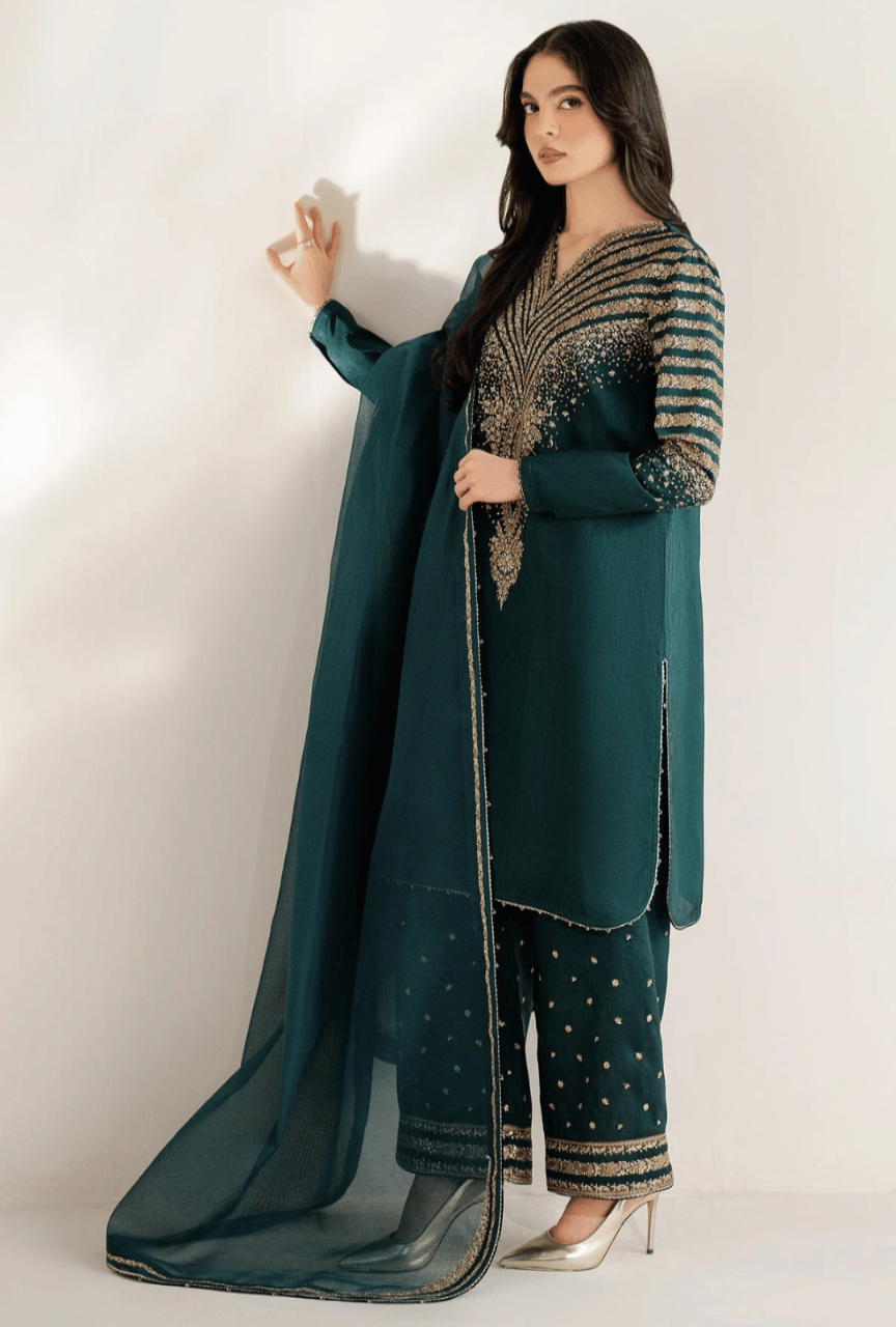 Dhanak 3-Piece Suit with Heavy Embroidered Shawl