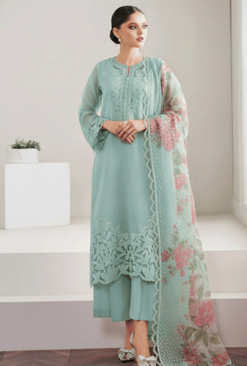 Organza 3PC Embroidered Suit with Cutwork Detailing & Digital Silk Trouser