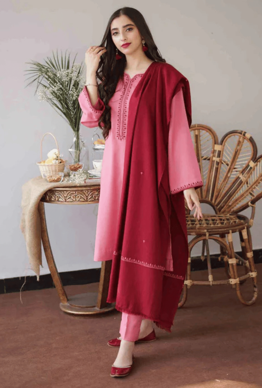 3 Piece Unstitched Embroidered Dhanak Suit with Dhanak Embroide wool shawl
