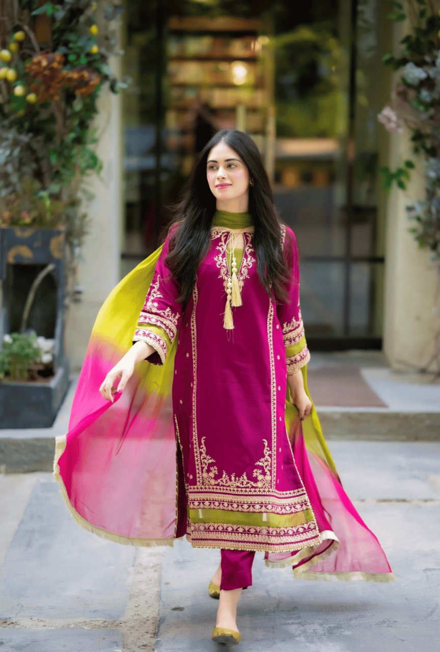 3PC-Heavy Embroidered Dhannak Suit with Bamber Chiffon Duppatta