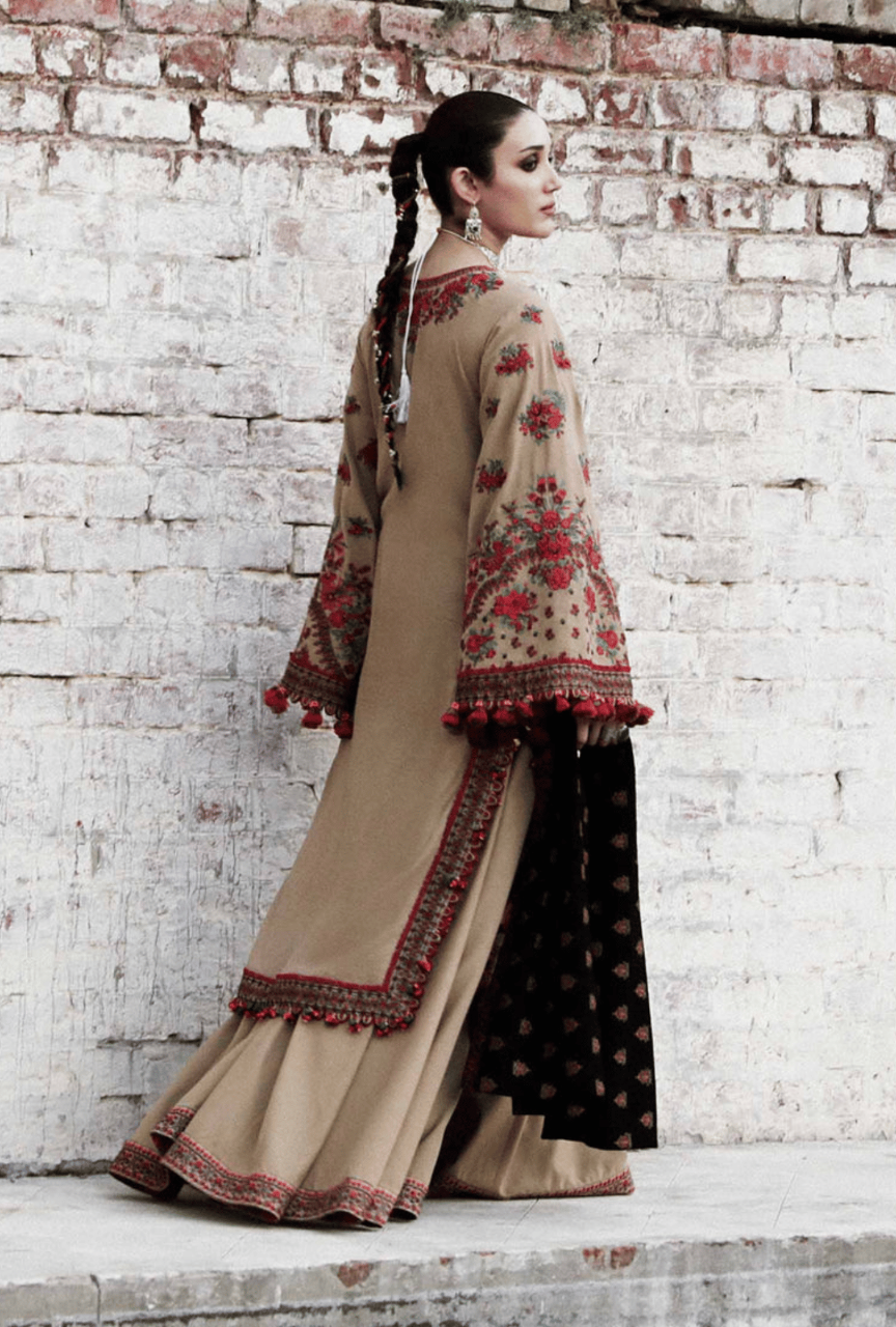 3PC Embroided Dhanak Shirt With Embroidered Wool Shawl