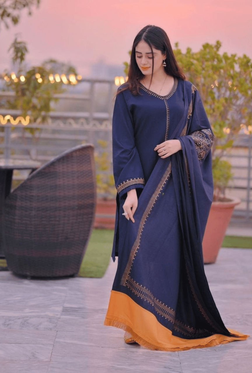 3 Piece Unstitched Heavy Embroidered Dhanak Suit ( Printed Woolen Dupatta )