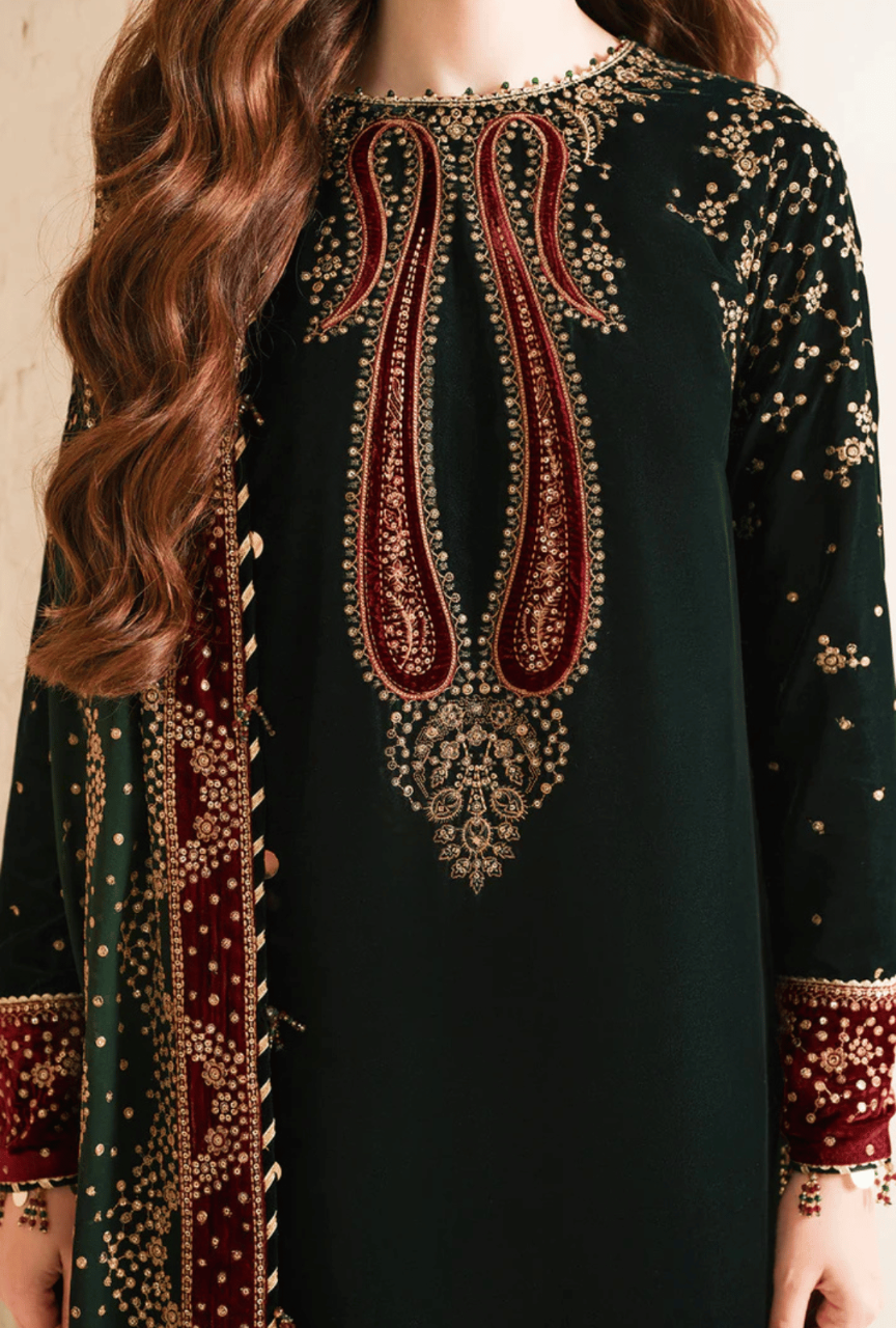 3 Piece Unstitched Embroidered Velvet Shirt and Trouser With Chiffon Dupatta
