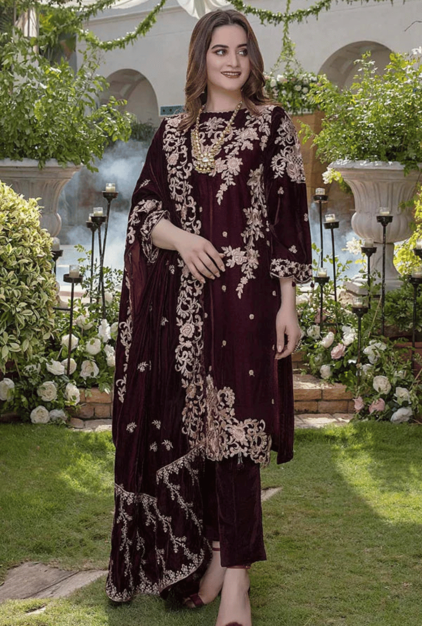 Women unstitched - 3PC Velvet Embroidered Suit