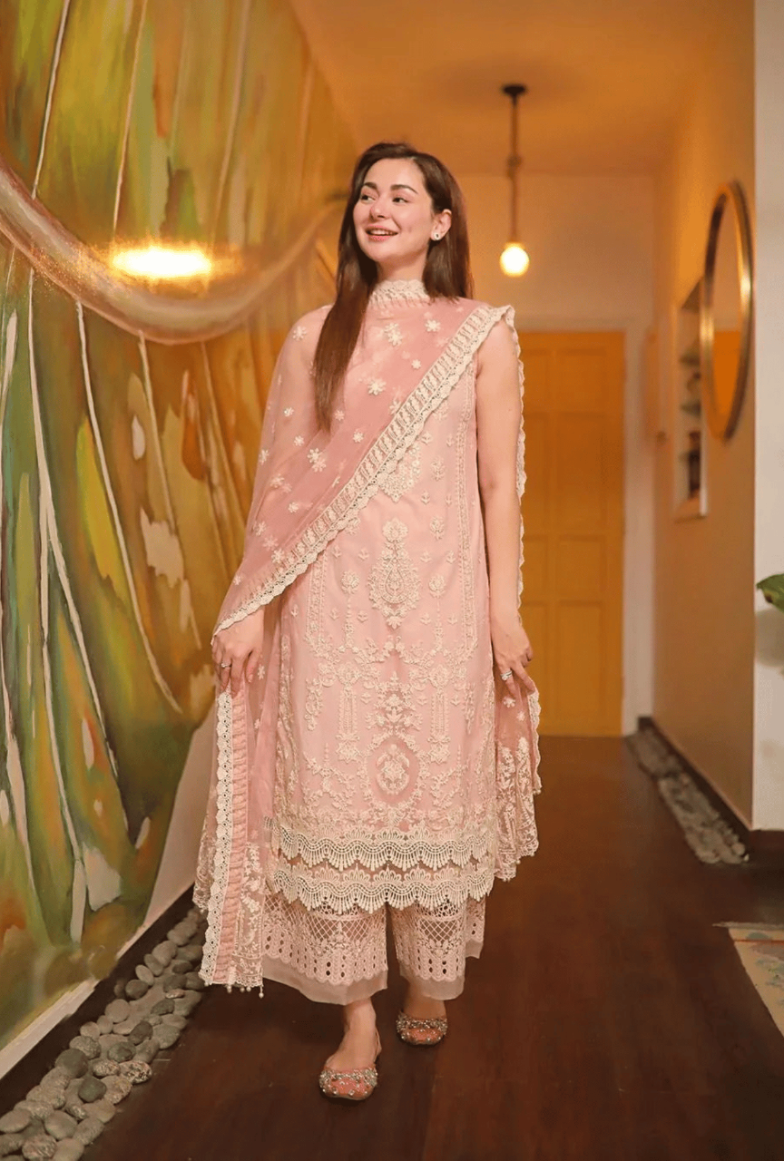 3PC Embroidered Lawn Suit With Embroidered Organza Dupatta With Pallu