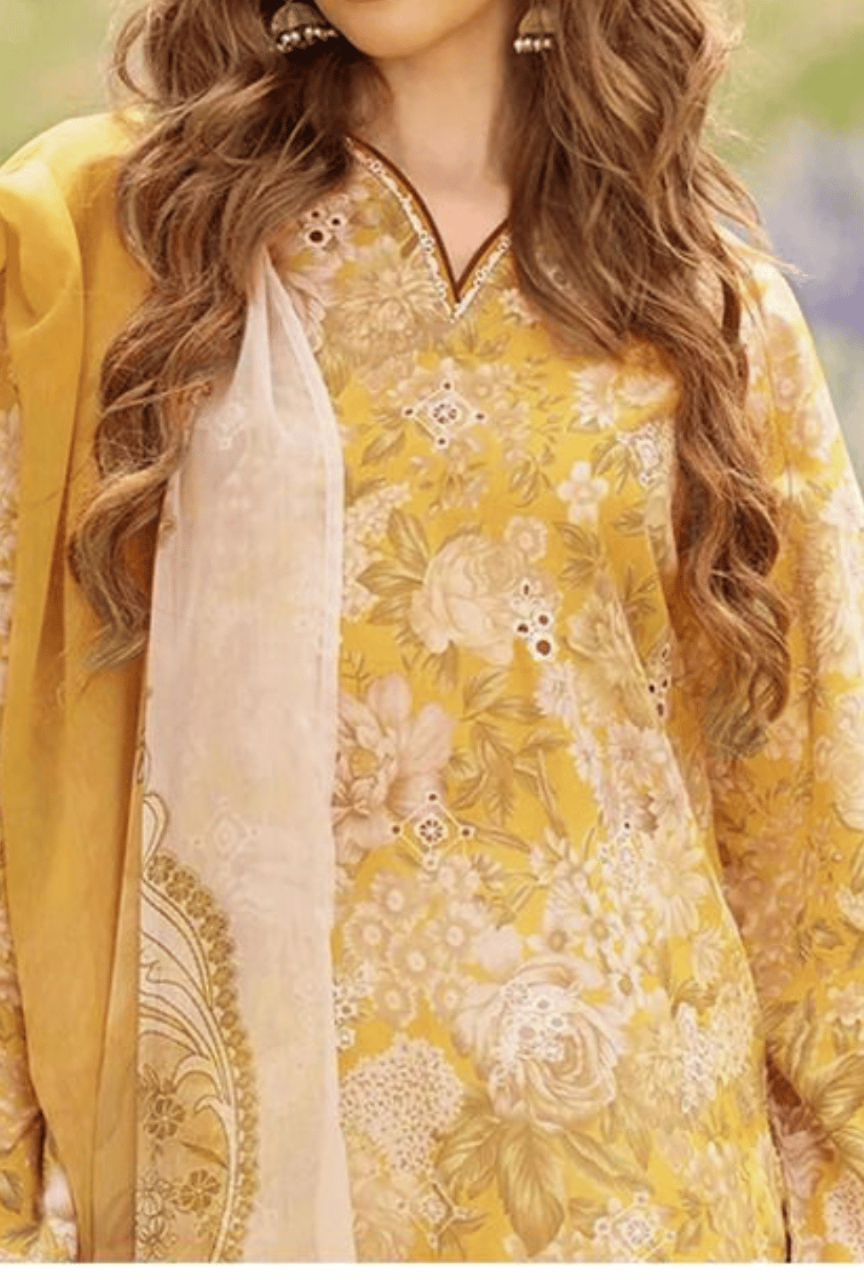 Digital Printed Linen 3-Piece Unstitched Suit with Embroidered Patches