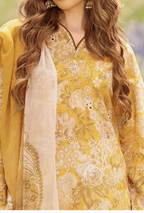 Digital Printed Linen 3-Piece Unstitched Suit with Embroidered Patches