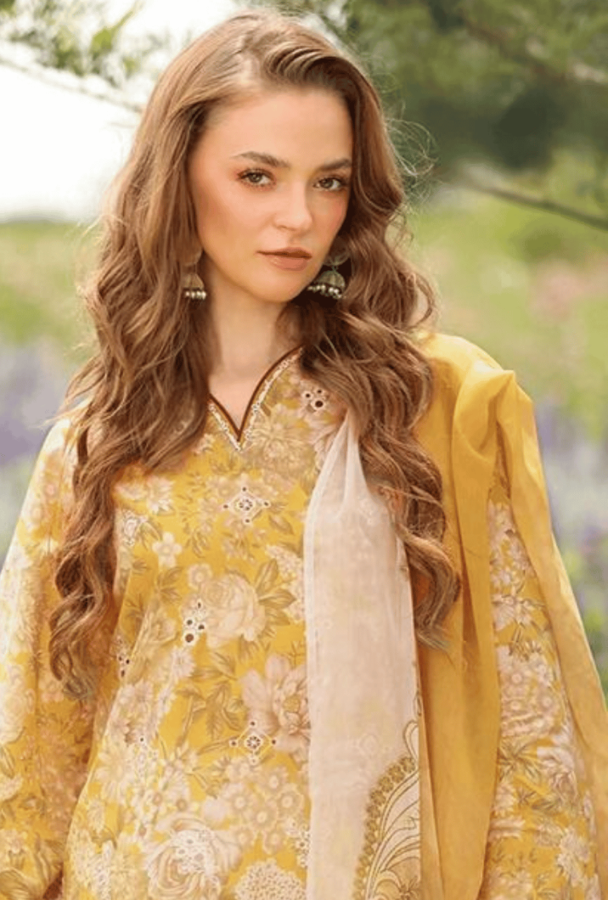 Digital Printed Linen 3-Piece Unstitched Suit with Embroidered Patches