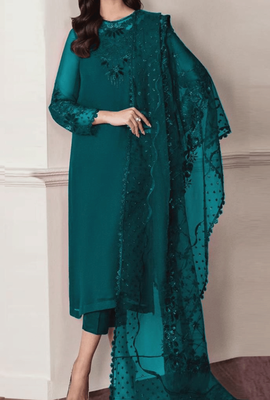 Chiffon 3PC Suit with Embroidered Organza Dupatta
