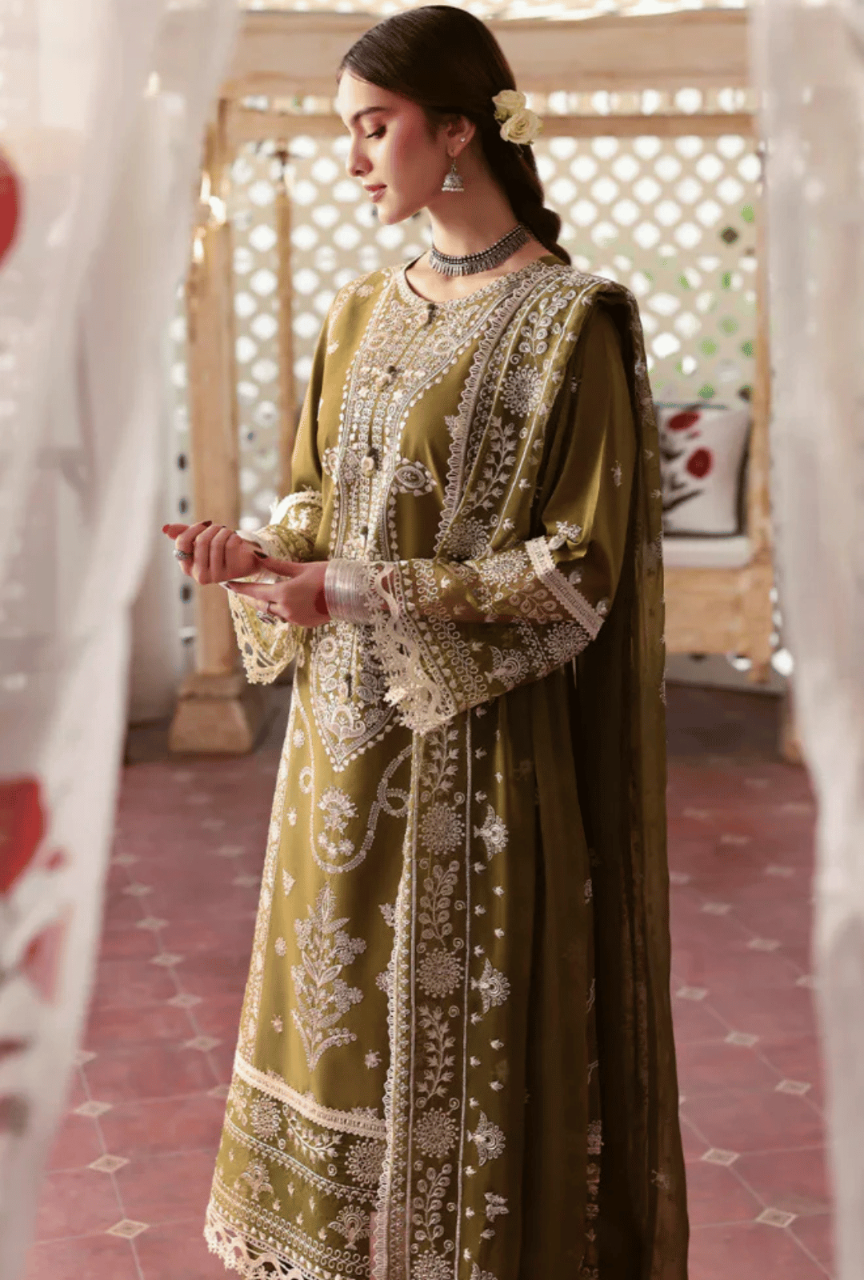 Unstitched 3 Piece Fully Embroidered Dhanak Suit with Embroidered Dhanak Shawl