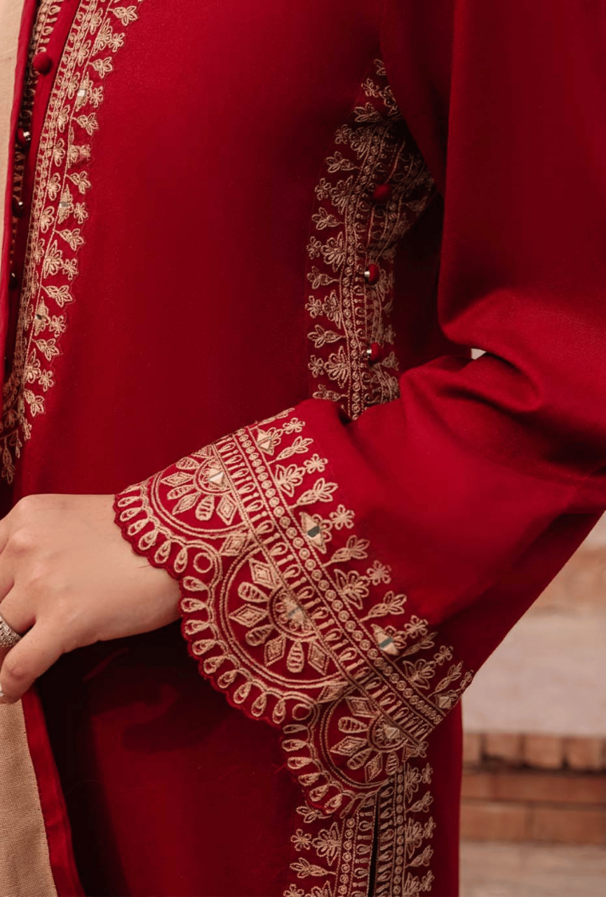 3 Piece Unstitched Heavy Embroidered Dhanak Suit with Embroidered Dhanak Wool Shawl