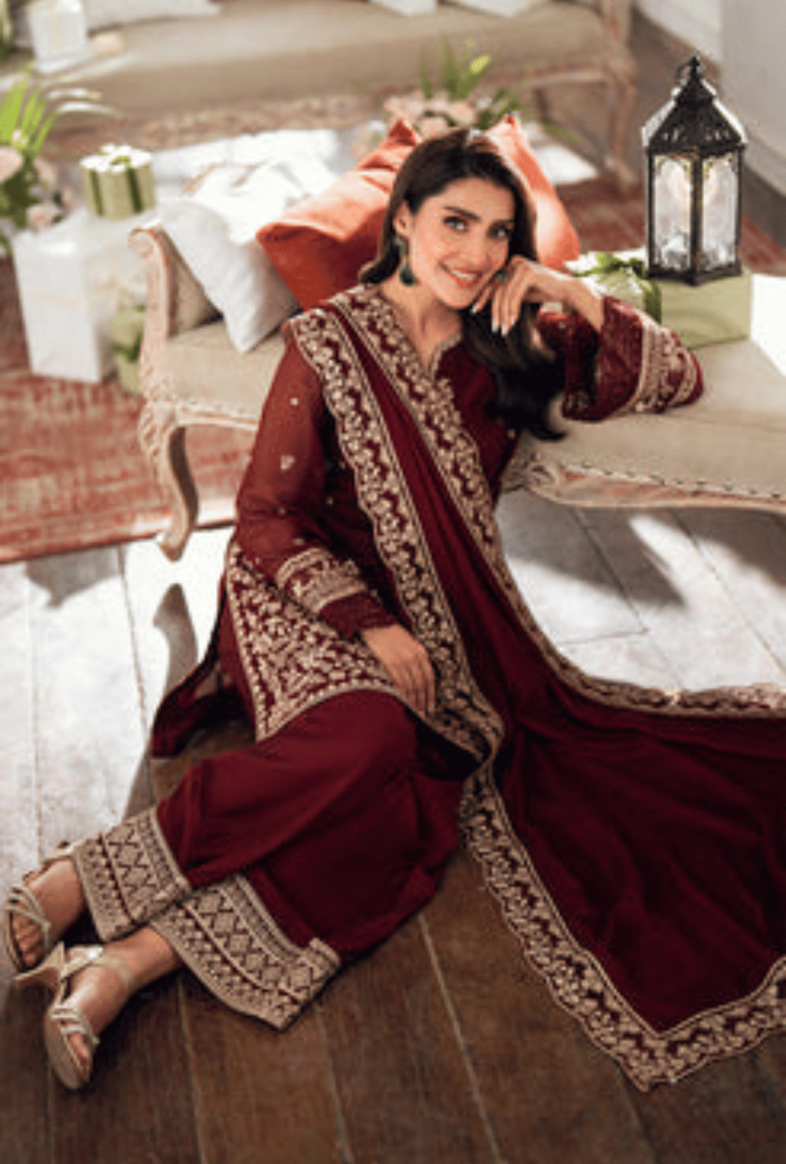 Pure Chiffon Heavy Spengle Embroidered Suit with Ready-to-Wear Dupatta & Malai Trouser