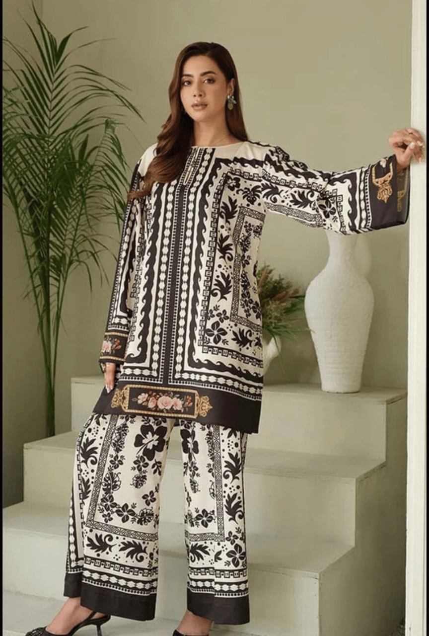 Digital Printed 3 Piece Shamooz Silk Suit – Shirt, Trouser & Dupatta (Unstitched)