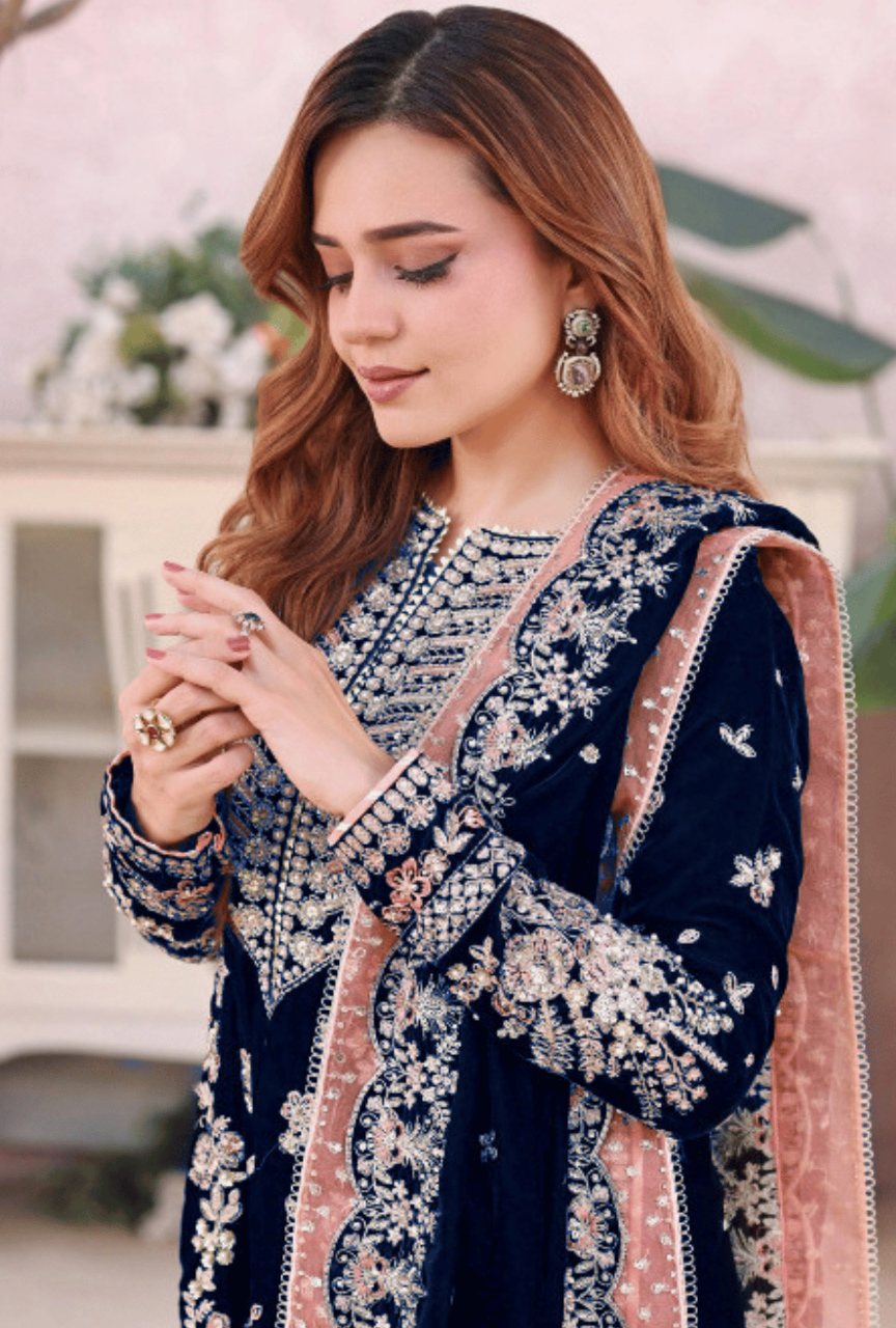 Luxury Micro Velvet Embroidered Suit with Chiffon Dupatta – Handworked Formal Wear