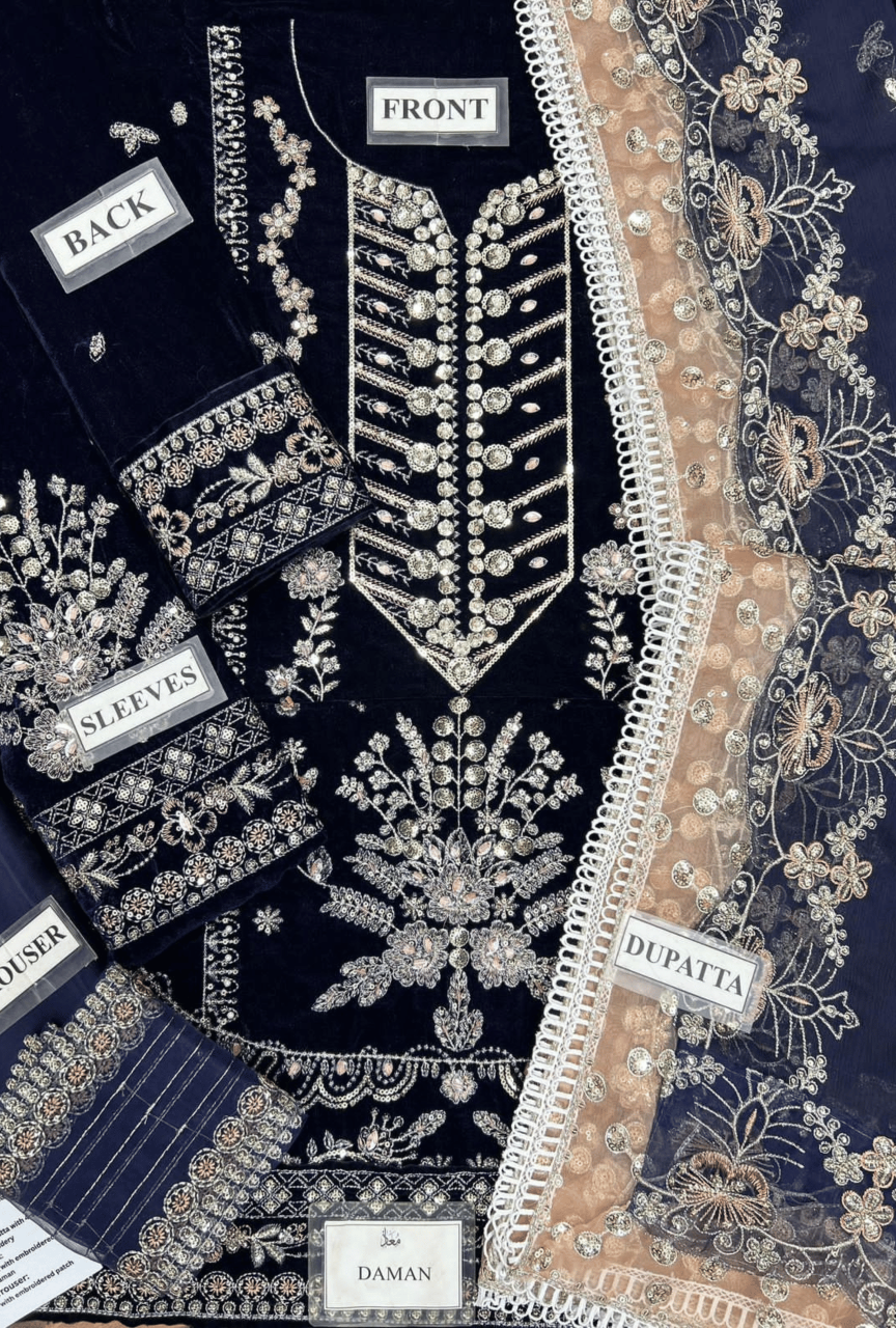 Luxury Micro Velvet Embroidered Suit with Chiffon Dupatta – Handworked Formal Wear