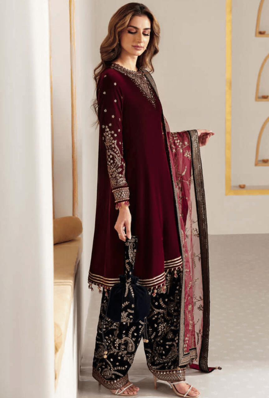 3 Piece Unstitched Heavy Embroidered Velvet Suit with Heavy Embroidered Organza Dupatta