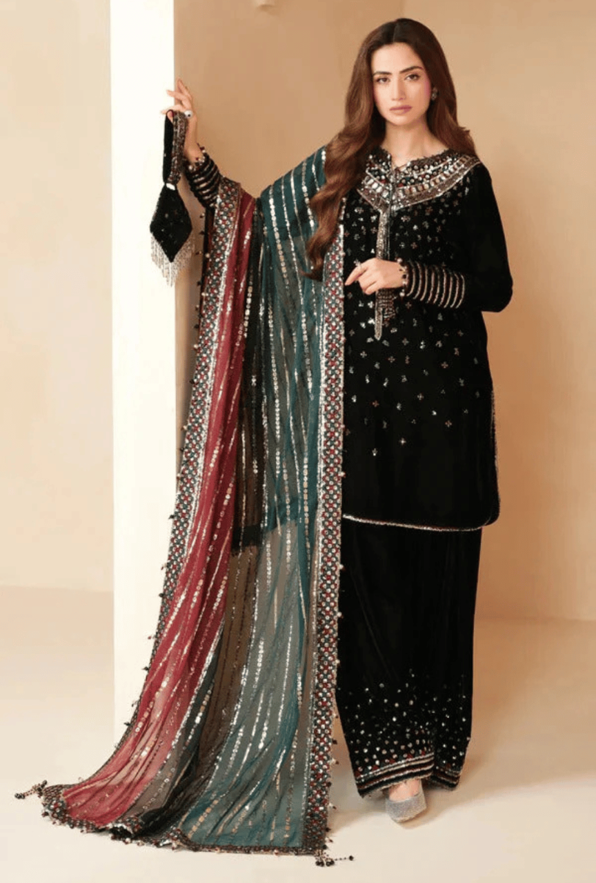 3 Piece Unstitched Heavy Embroidered Velvet Suit with Heavy Embroidered Chiffon Dupatta
