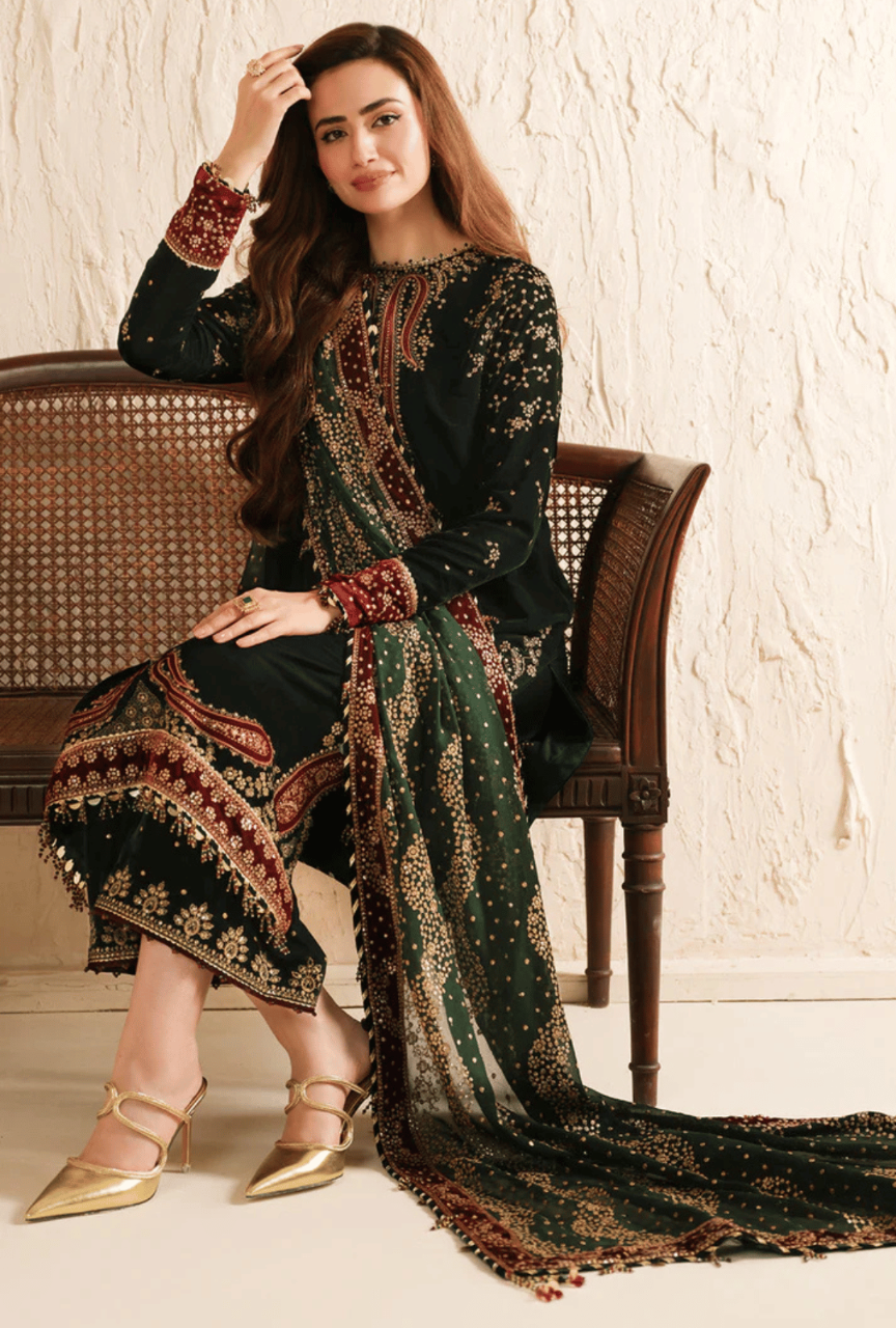 3 Piece Unstitched Embroidered Velvet Shirt and Trouser With Chiffon Dupatta