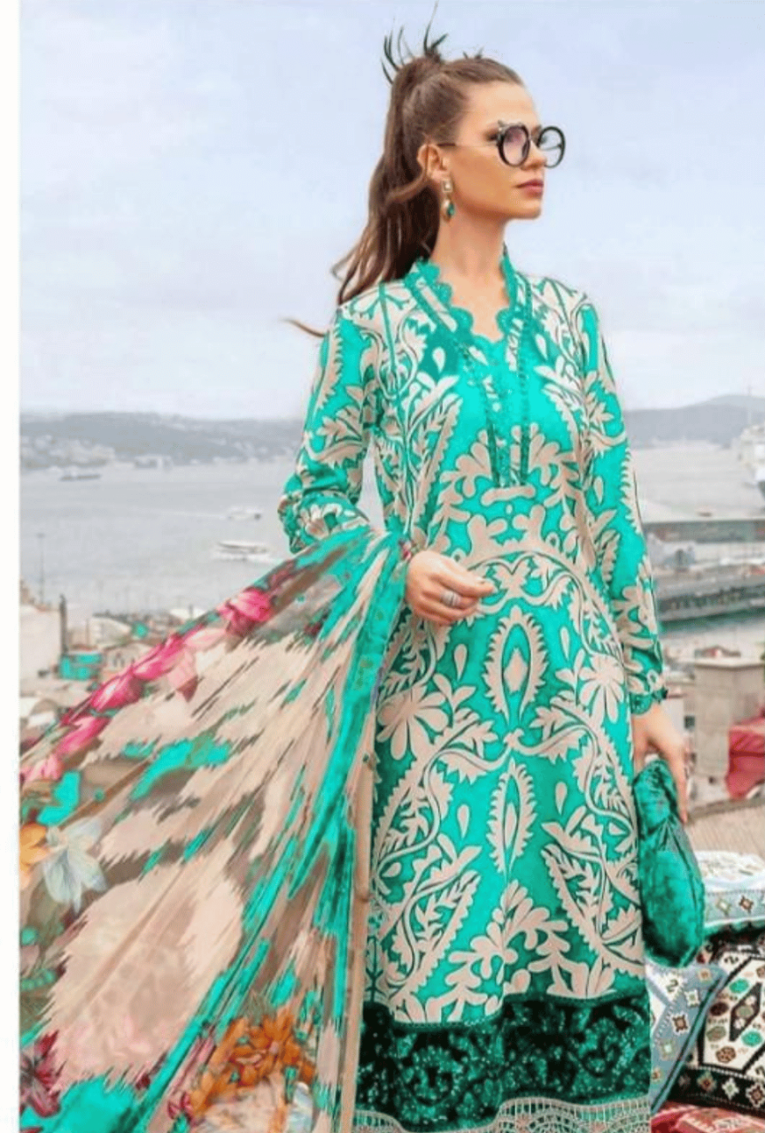 Digital Printed Linen 3-Piece Unstitched Suit with Embroidered Patches