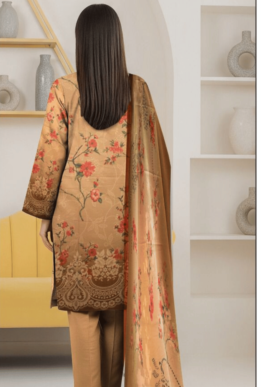 3-Piece Printed Suit with Plain Trouser (Unstitched)