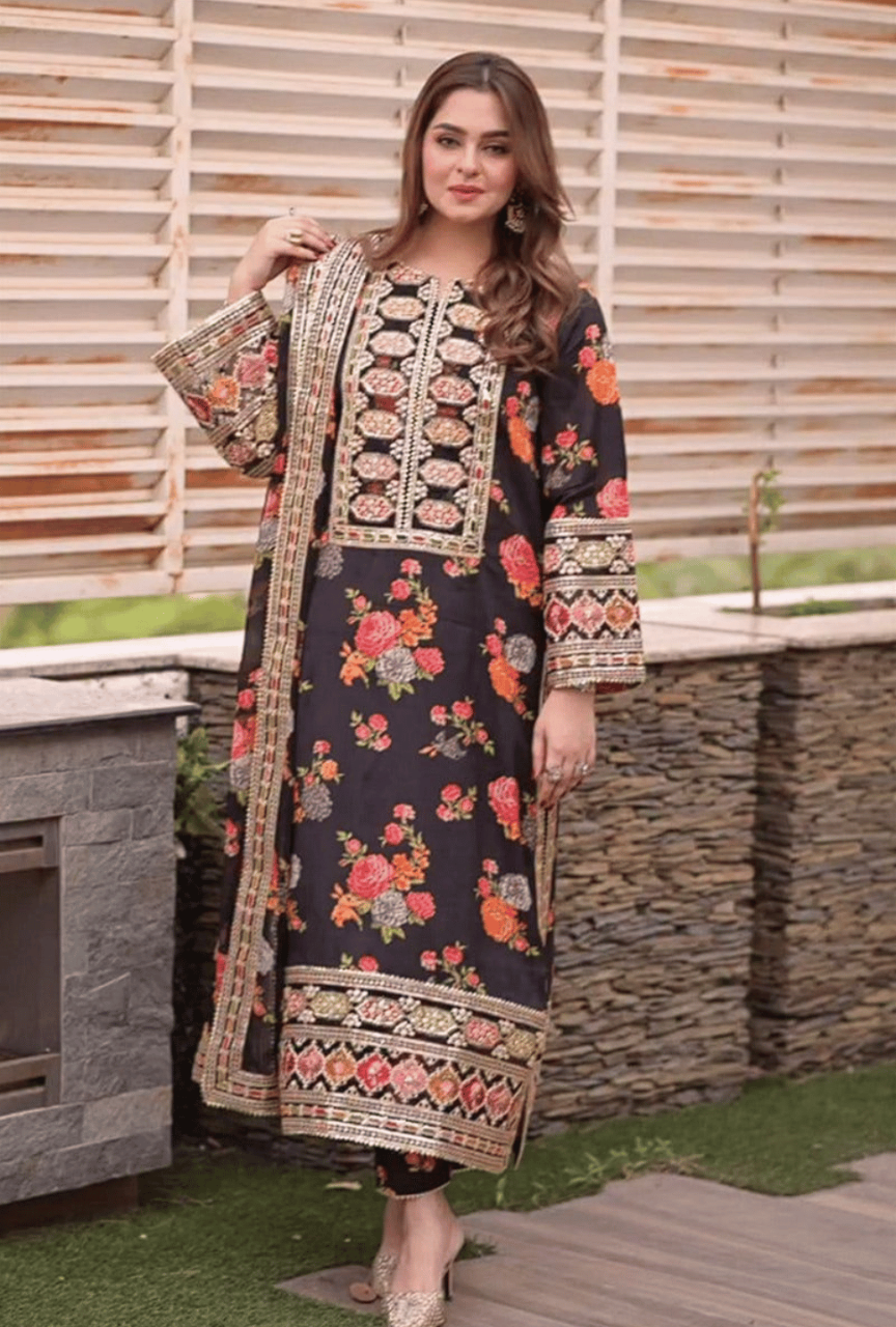 Digital Printed Linen 3-Piece Unstitched Suit with Embroidered Patches
