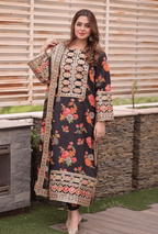 Digital Printed Linen 3-Piece Unstitched Suit with Embroidered Patches
