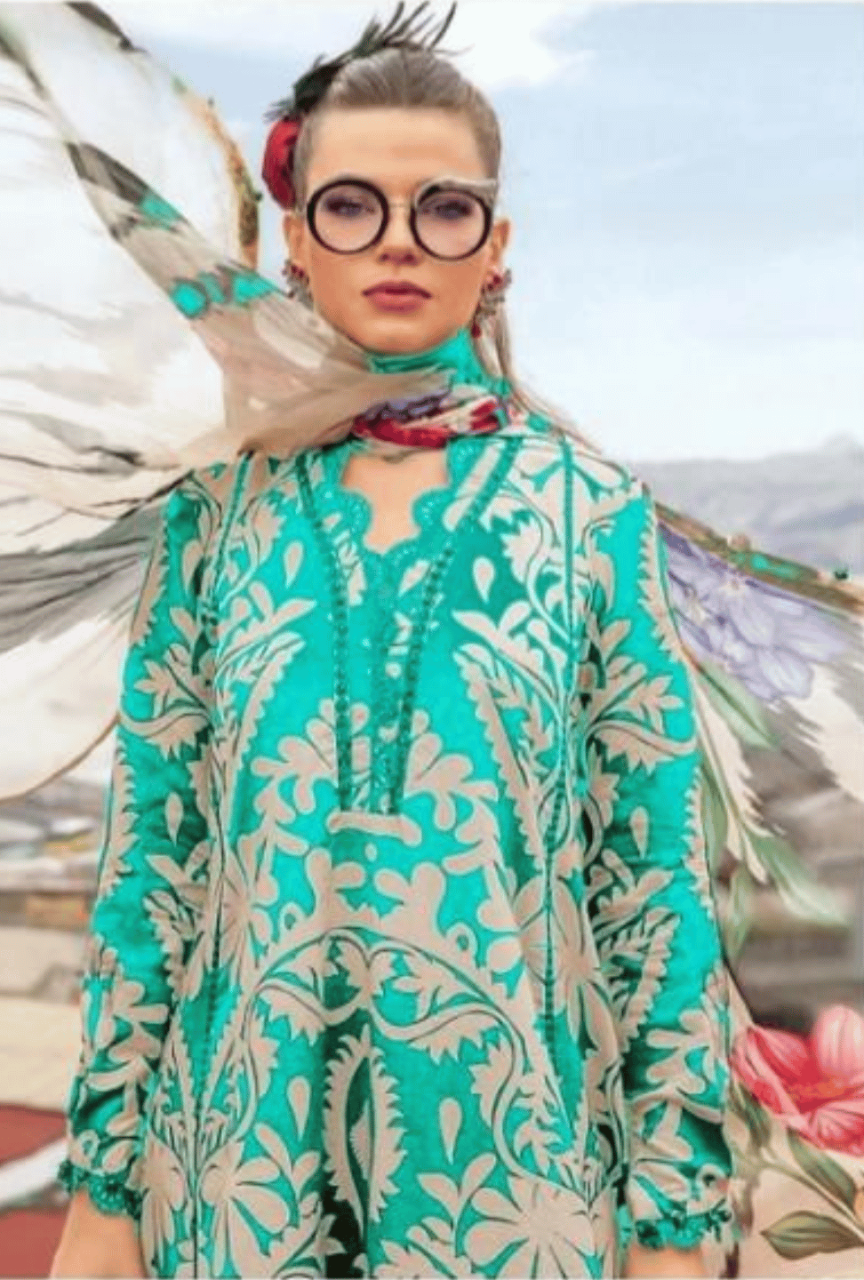 Digital Printed Linen 3-Piece Unstitched Suit with Embroidered Patches