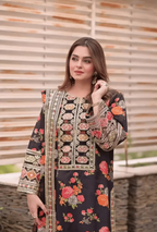 Digital Printed Linen 3-Piece Unstitched Suit with Embroidered Patches