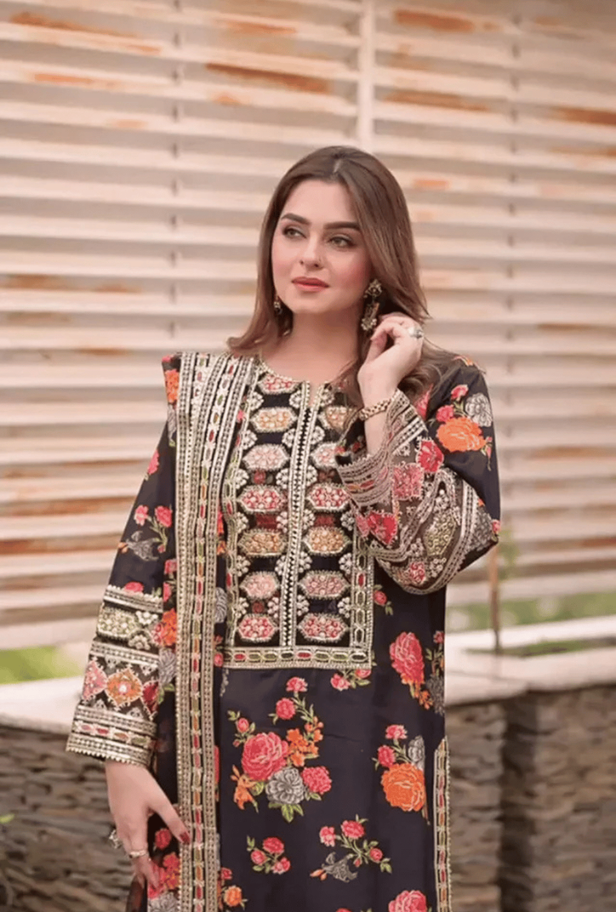Digital Printed Linen 3-Piece Unstitched Suit with Embroidered Patches