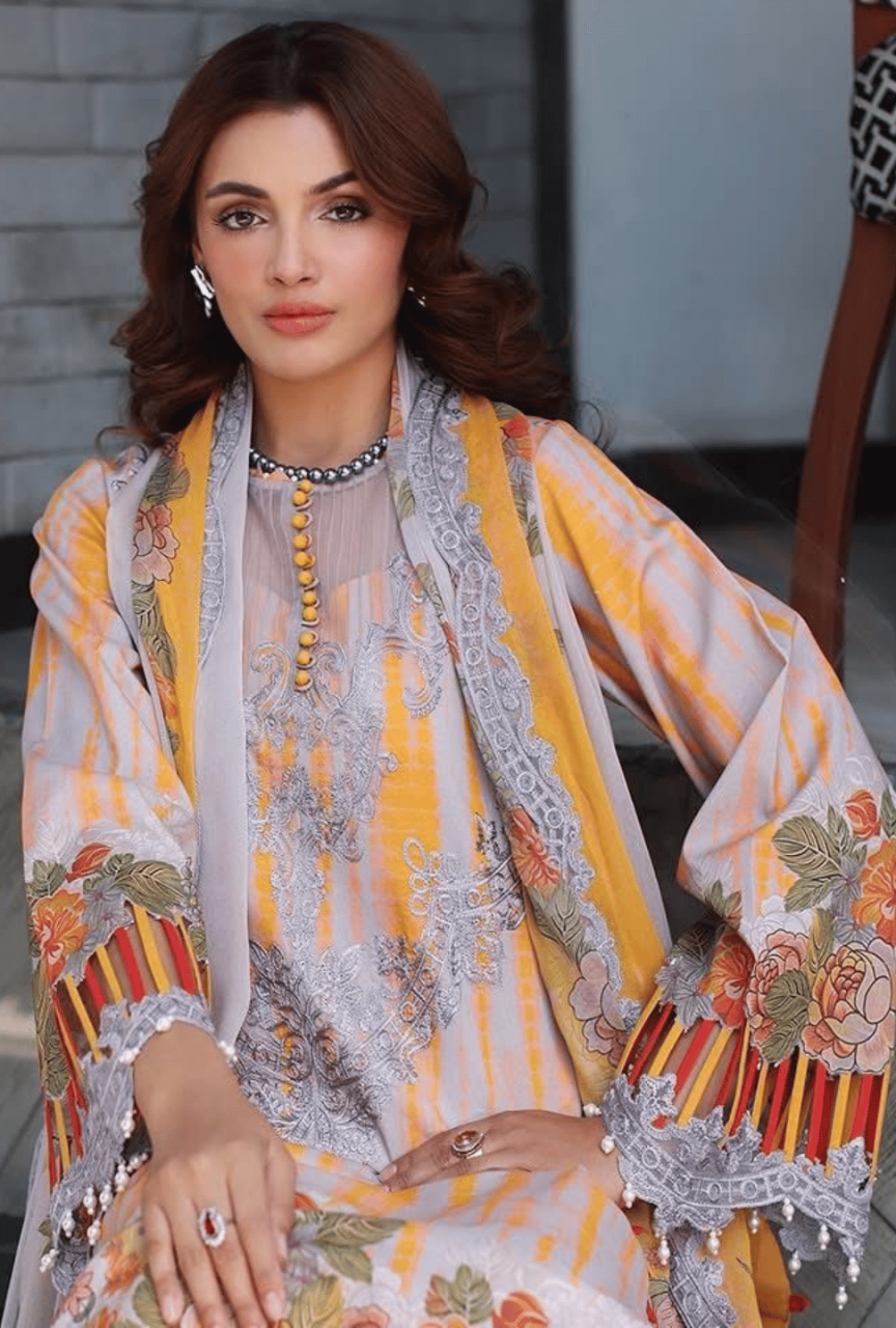 Digital Printed Linen 3-Piece Unstitched Suit with Heavy Embroidery Patches