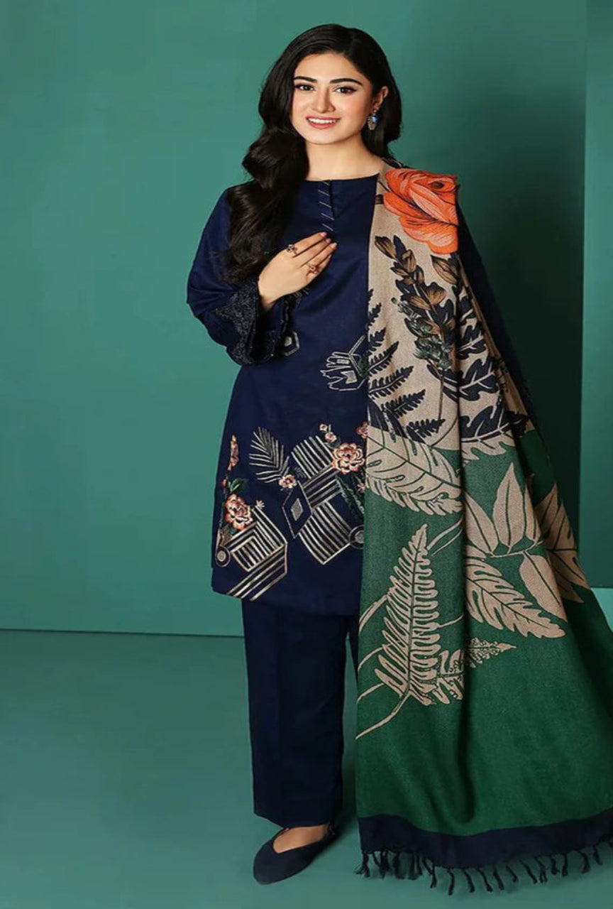 Premium 3-Piece Embroidered Set with Twill Wool Shawl