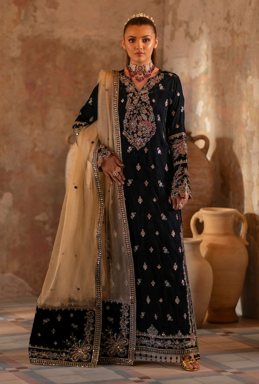 Woman in traditional embroidered outfit with a beige dupatta against a rustic background
