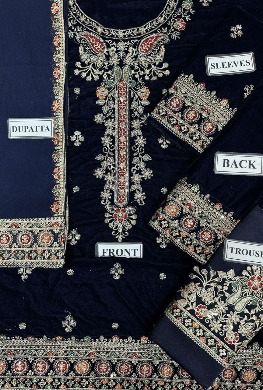 Embroidered fabric with labels indicating parts of a traditional outfit on a dark background.