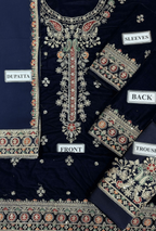 Embroidered fabric with labels indicating parts of a traditional outfit on a dark background.