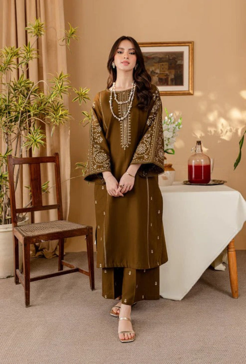 Embroidered Dhanak 2 Piece Shirt With Dyed Trouser