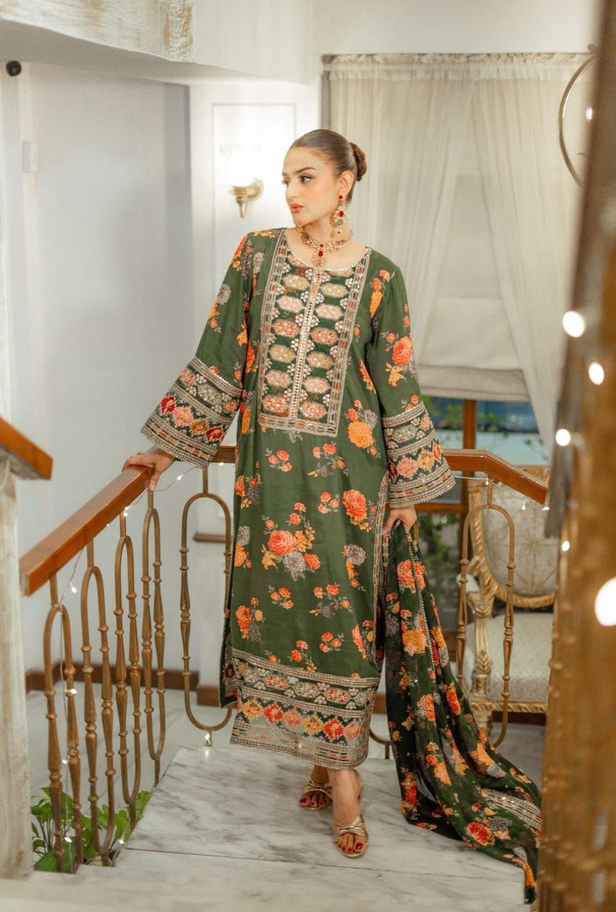 Most Hit 3-Piece Digital Shamoz Silk Suit | Heavy Embroidered Edition