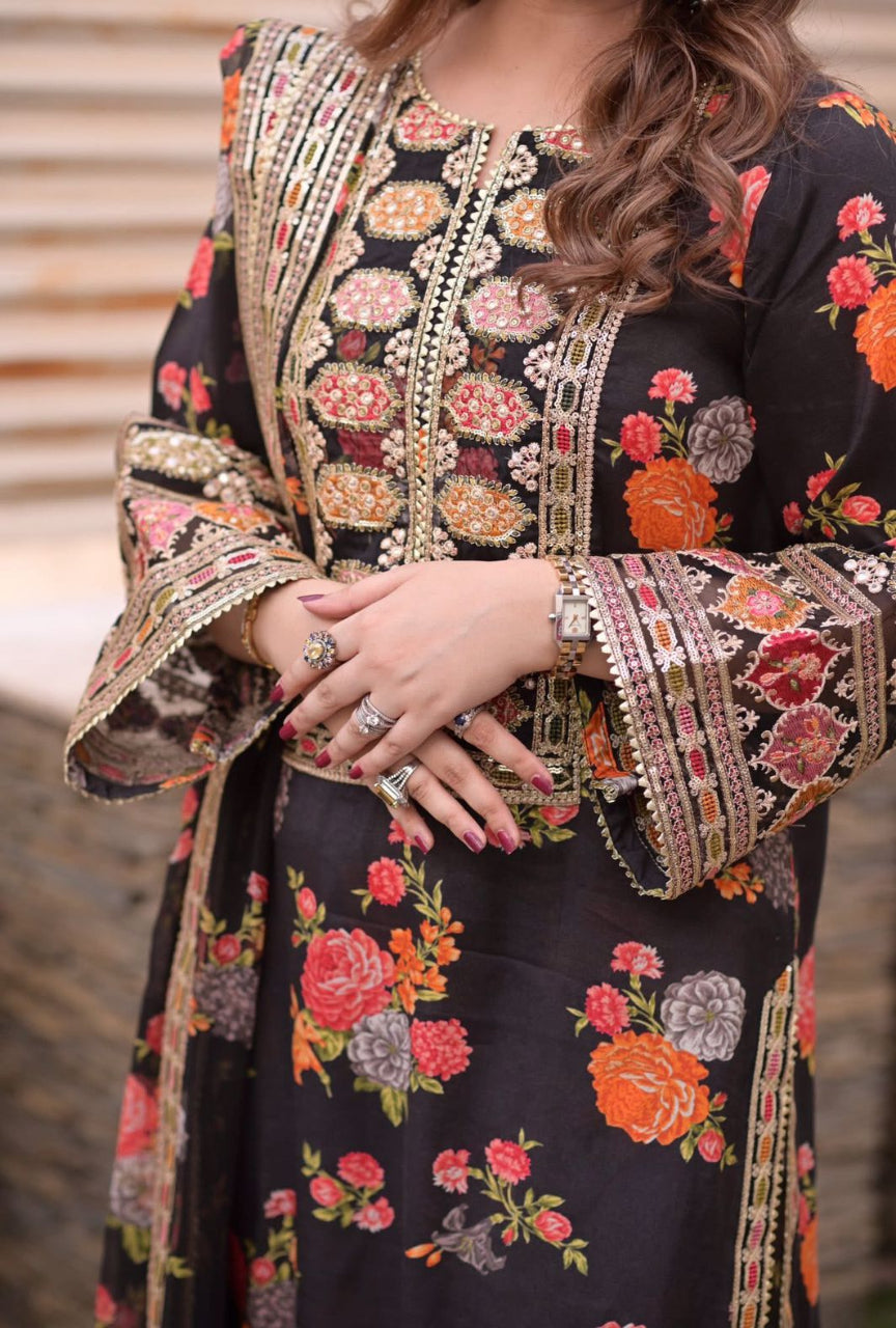 Most Hit 3-Piece Digital Shamoz Silk Suit | Heavy Embroidered Edition