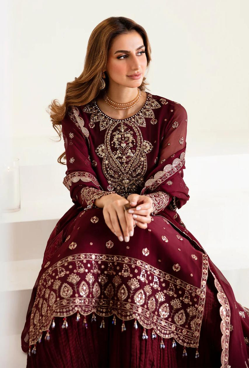 Luxury Chiffon Unstitched with Silk Gharara | 3Pc Embroidered Set
